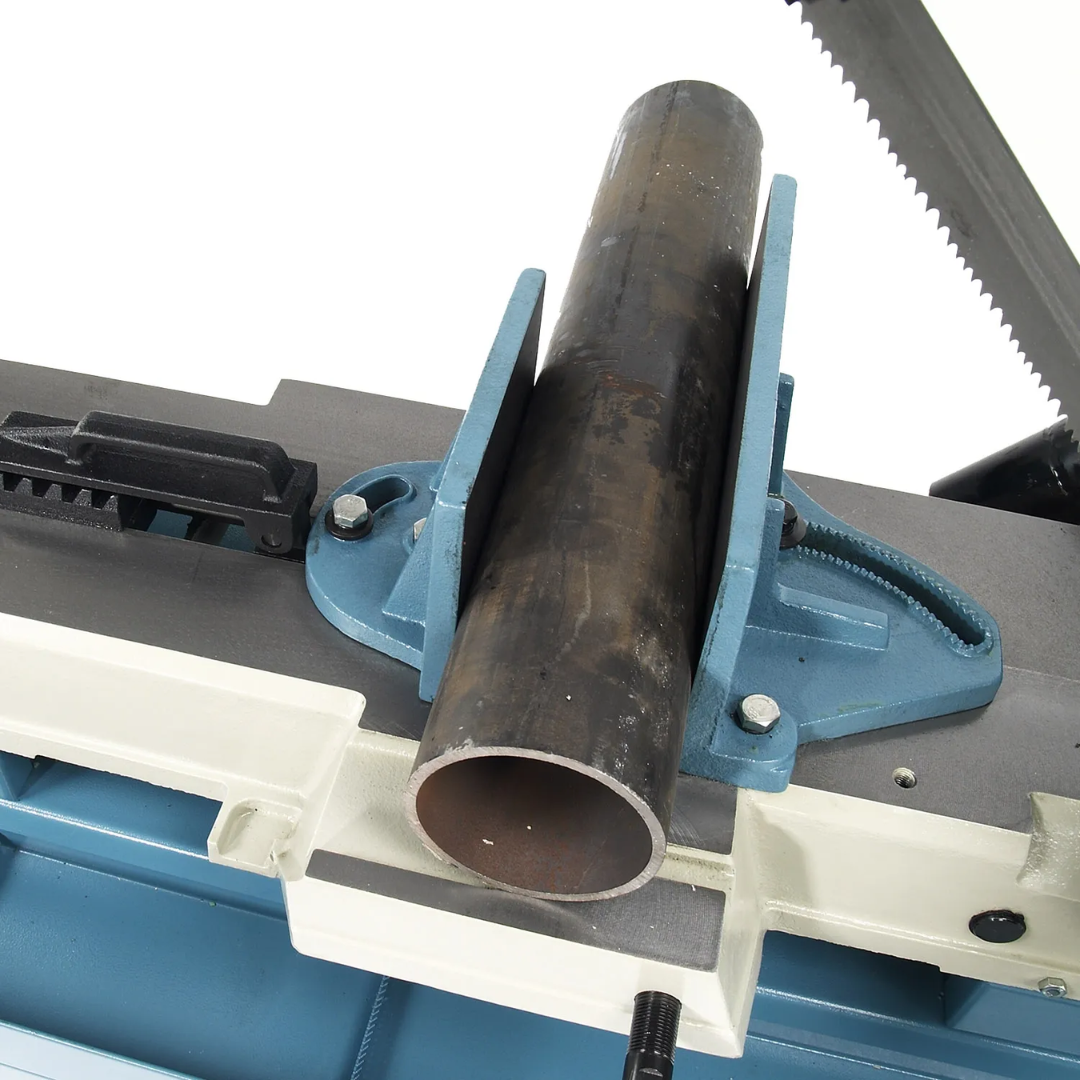Round steel tubing positioned in the vise of the Baileigh 10-Inch Horizontal Bandsaw, 2 HP, 240V 1Ph (BS-300M) 1001492 demonstrating precision workpiece clamping.