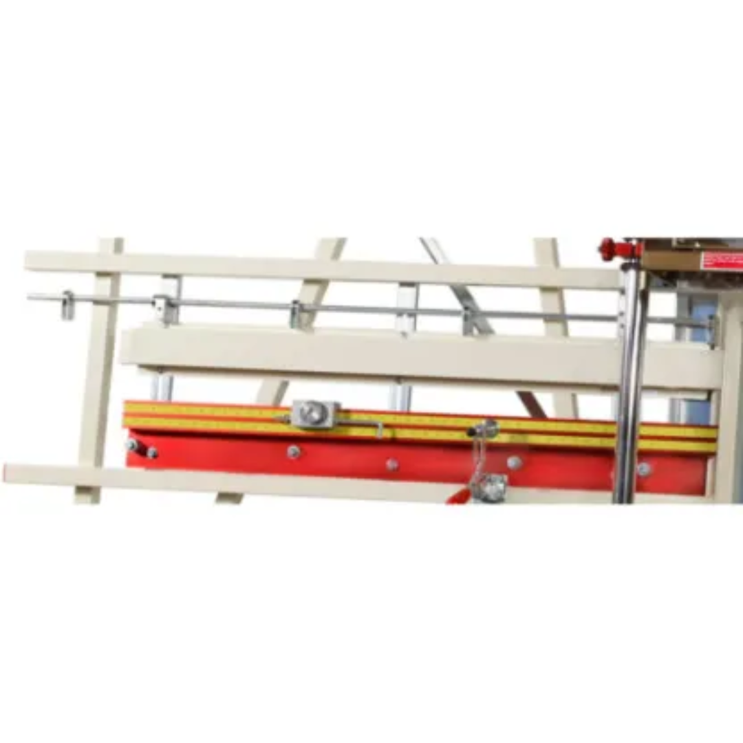 Safety Speed Mid-Way Fence Flip Stop for C4, C5, H4, H5, H6, 6400, 6800, 7000, 7400, SR5, SR5U, 3400, H6480 mounted on panel saw fence system showing precision stop mechanism for repeatable cutting accuracy.