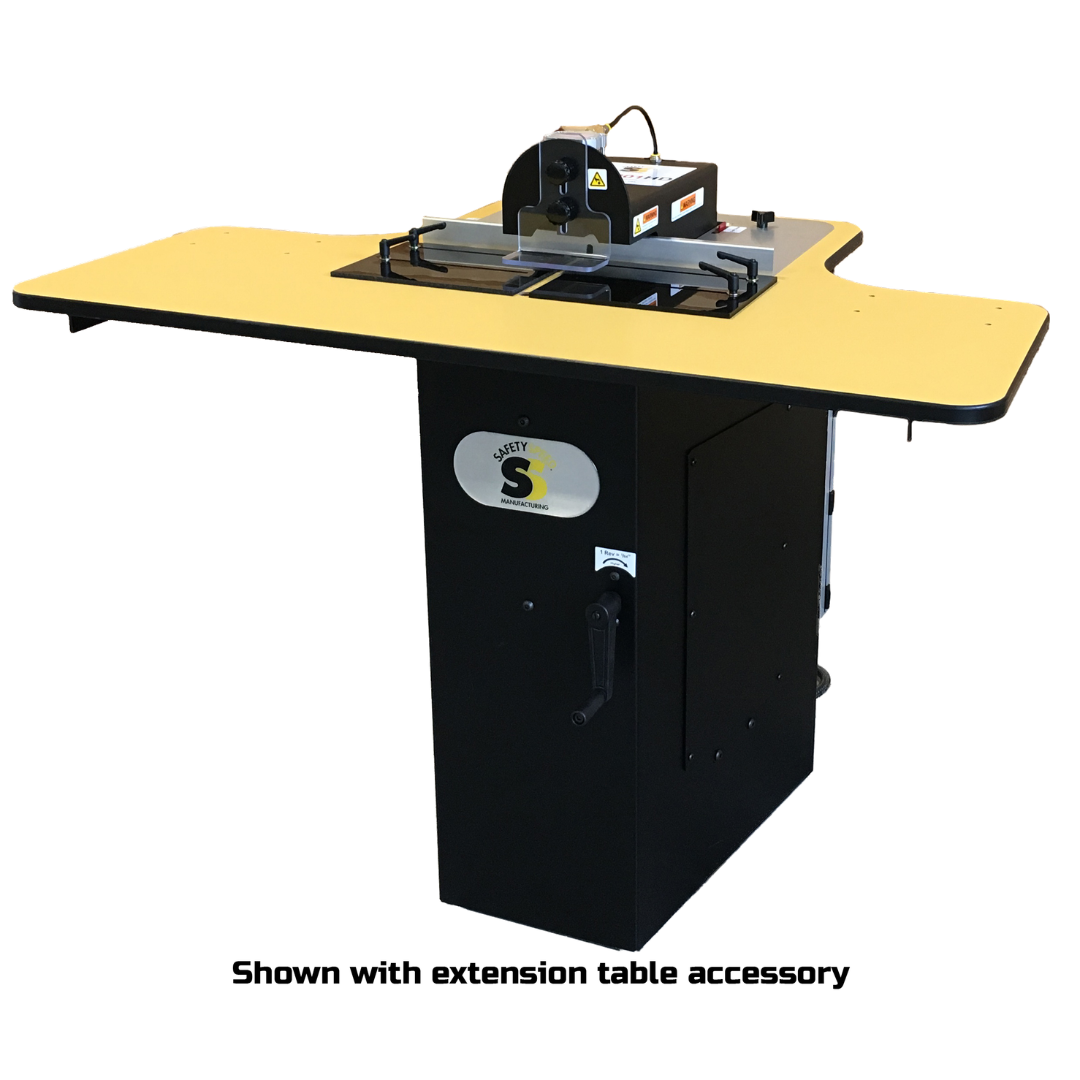 Safety Speed SPM301HD Screw Pocket Machine front view showing heavy-duty workstation with extension table accessory