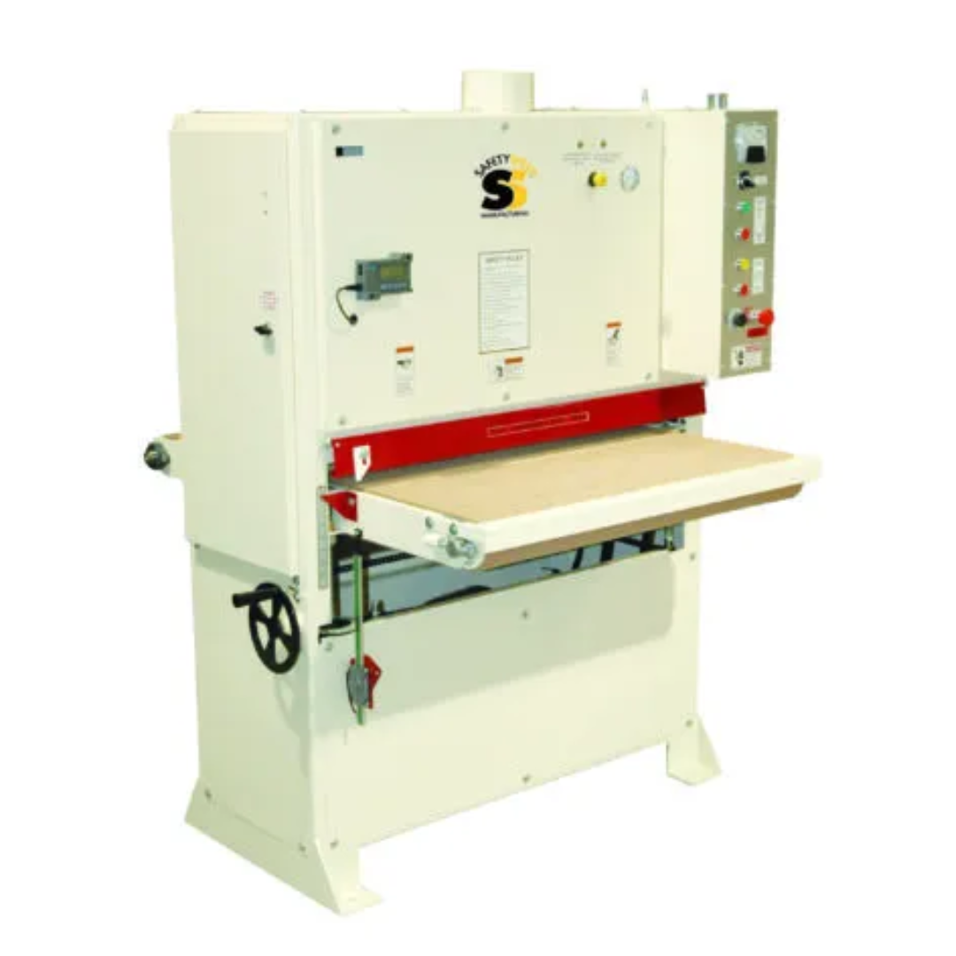 Safetyspeed 3760 Wide Belt Sander front view showing industrial sanding head, conveyor table, and control panel