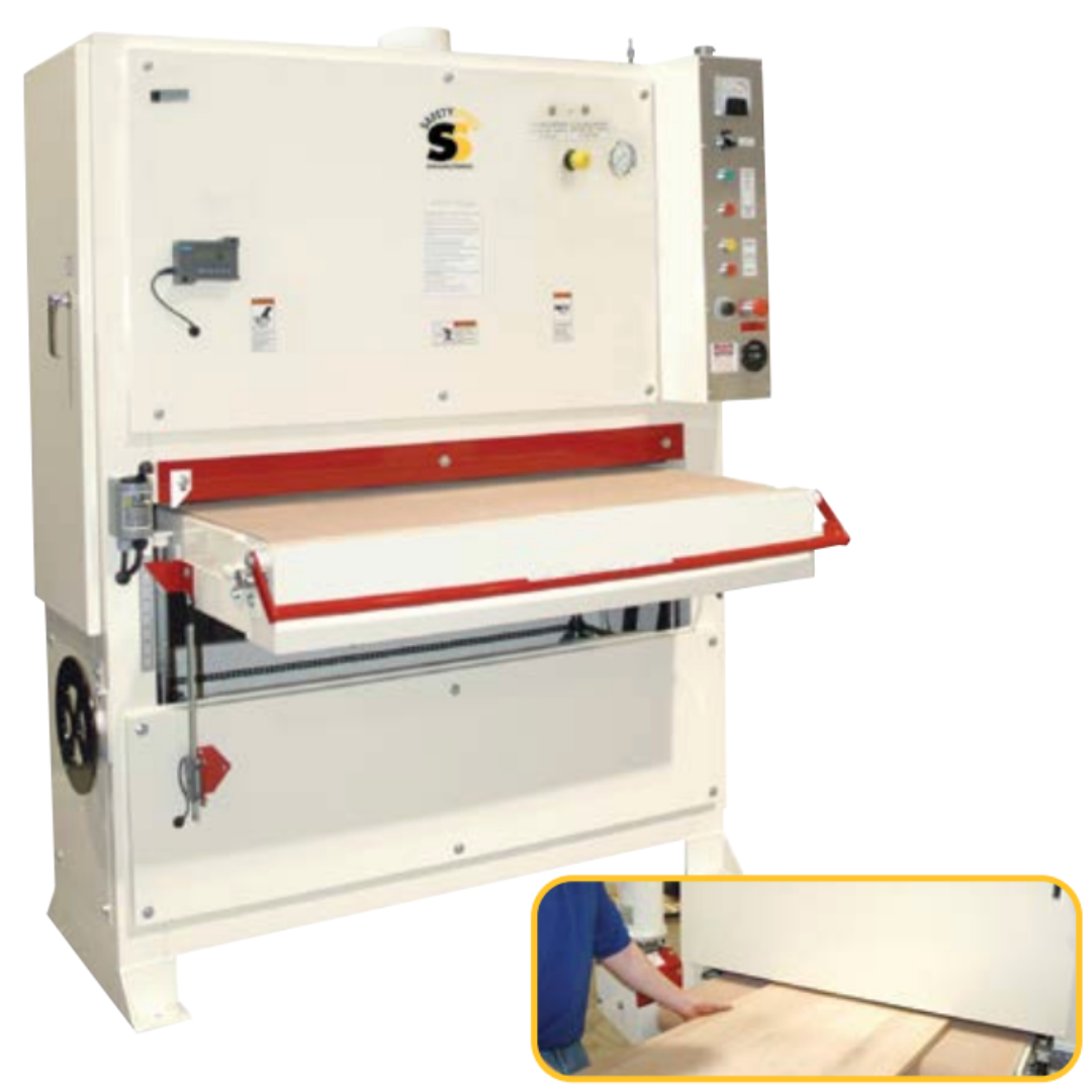 Safetyspeed 43″ Wide Belt Sander angled view highlighting machine structure and sanding head assembly