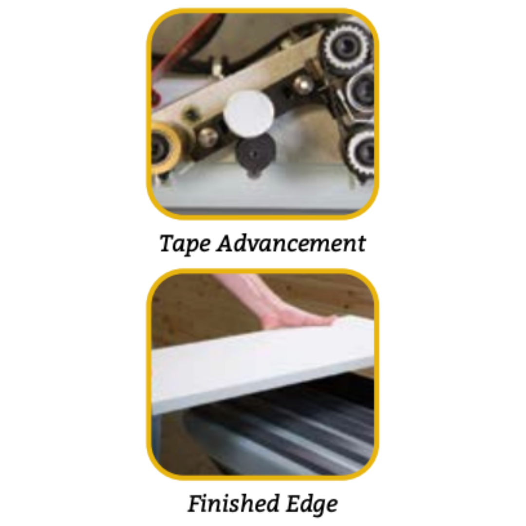 Safetyspeed Edgebander 60HA Hot Air EZ60HA tape advancement mechanism close-up showing precision feeding system