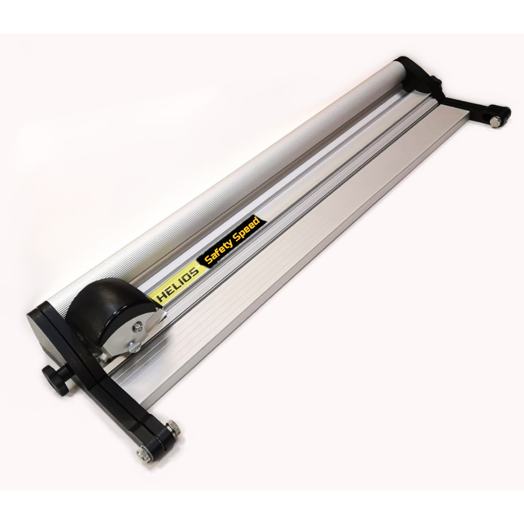Safetyspeed Helios Substrate Cutter shown in full view with aluminum rail, cutting head, and stable base design on a clean background.