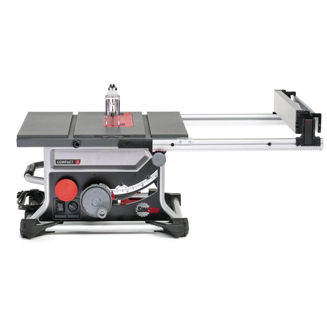 SawStop Compact Table Saw with extended fence system for accurate ripping and efficient woodworking applications.