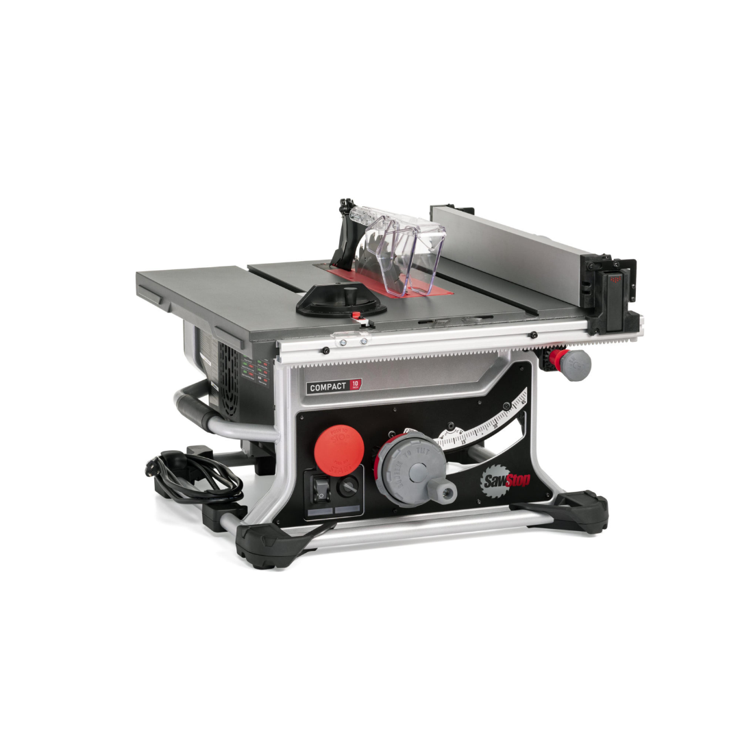 SawStop Compact Table Saw with precision rip fence and cast aluminum table, designed for accurate cutting and portable jobsite performance.