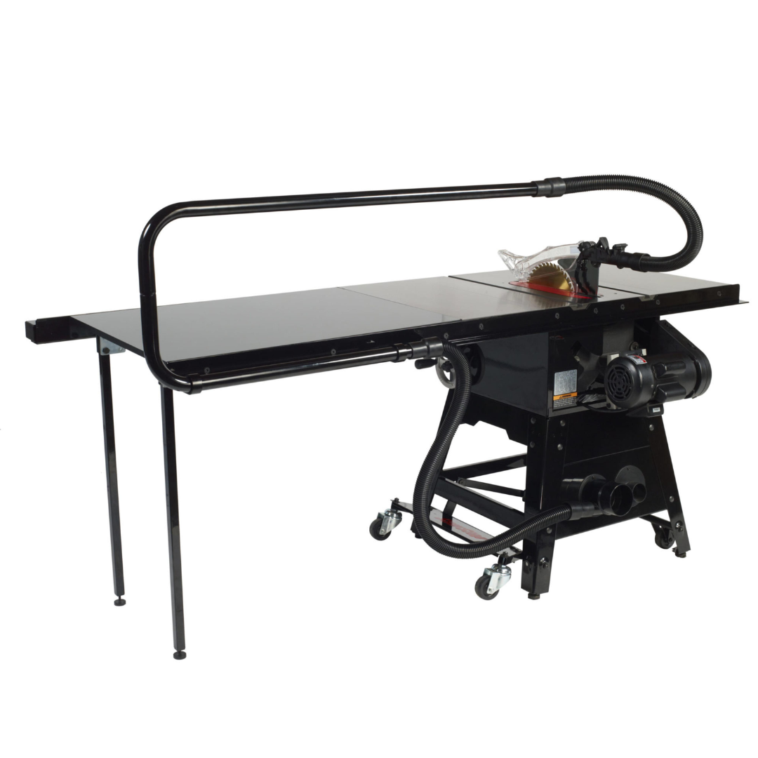 SawStop Dust Collection Panel CNS-DCP installed beneath a contractor table saw, showcasing the complete dust collection assembly designed to enhance airflow, capture sawdust, and improve overall dust control performance.