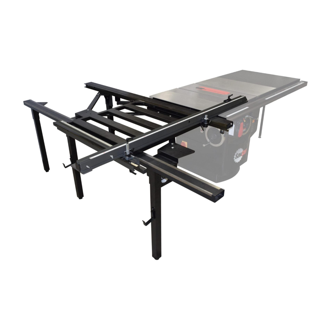 SawStop Large Sliding Table TSA-SA70 sliding table attachment featuring a heavy-duty aluminum carriage, precision guide system, and extended material support for accurate crosscutting and panel processing.
