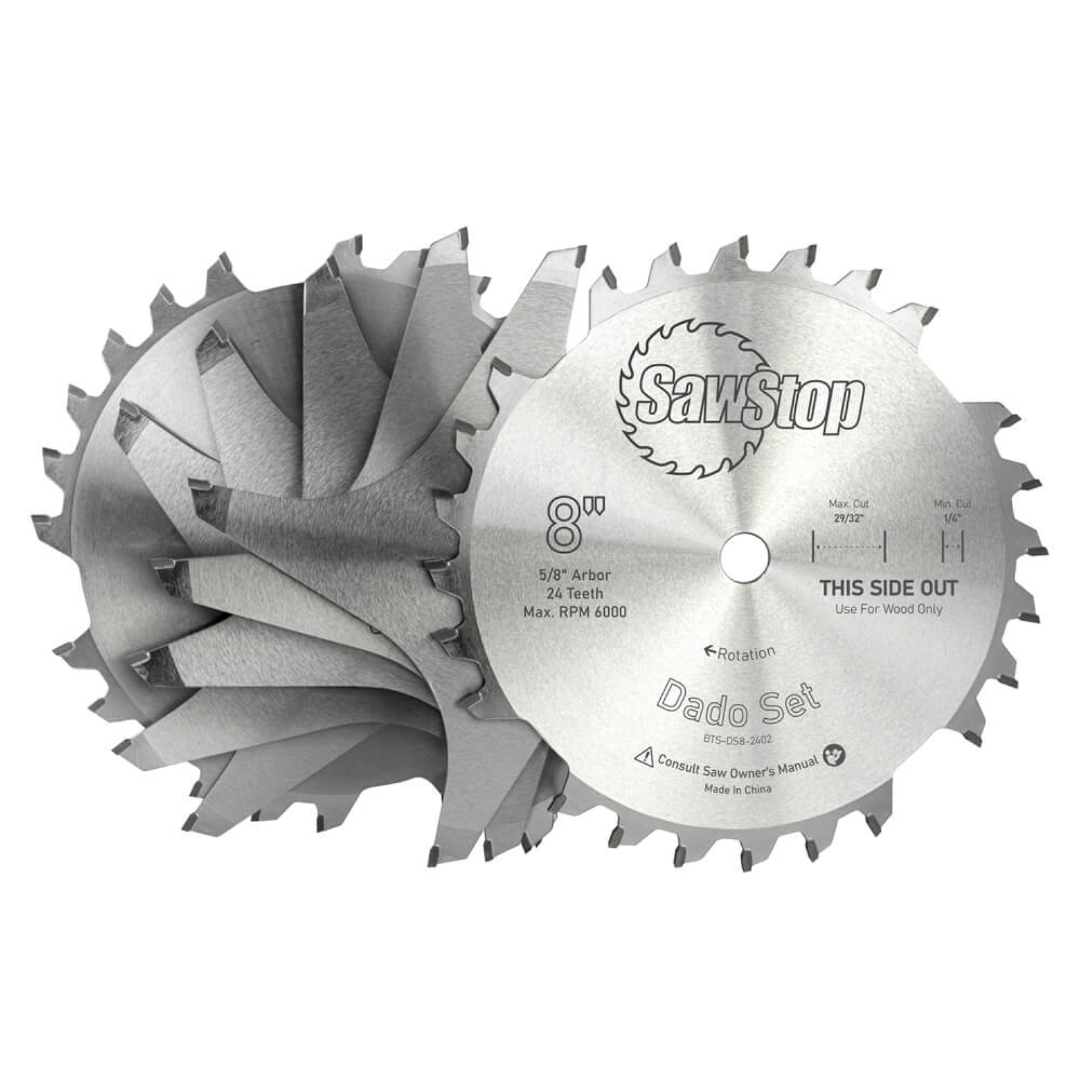 SawStop Premium Dado Set BTS-DS8-2402 featuring premium 8-inch carbide-tipped outer blades and precision-ground chippers engineered for clean dado, groove, and rabbet cuts.
