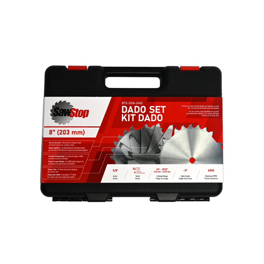 SawStop Premium Dado Set BTS-DS8-2402 housed in a durable carrying case with organized storage compartments for precision dado blades, chippers, and woodworking accessories.
