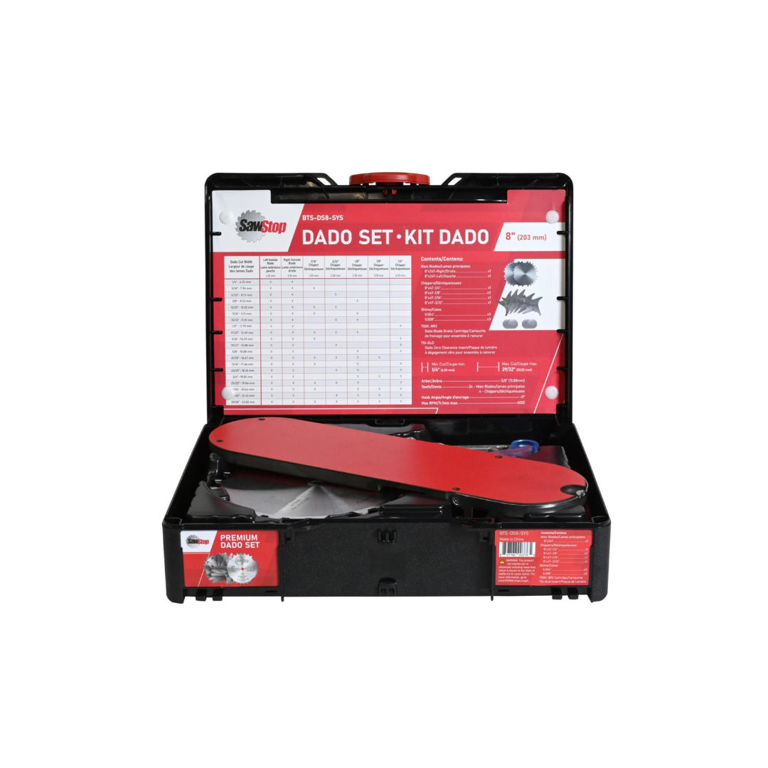 SawStop Premium Dado Set Systainer BTS-DS8-SYS displayed in an open protective Systainer case with organized storage compartments and premium dado blade components for professional woodworking applications.