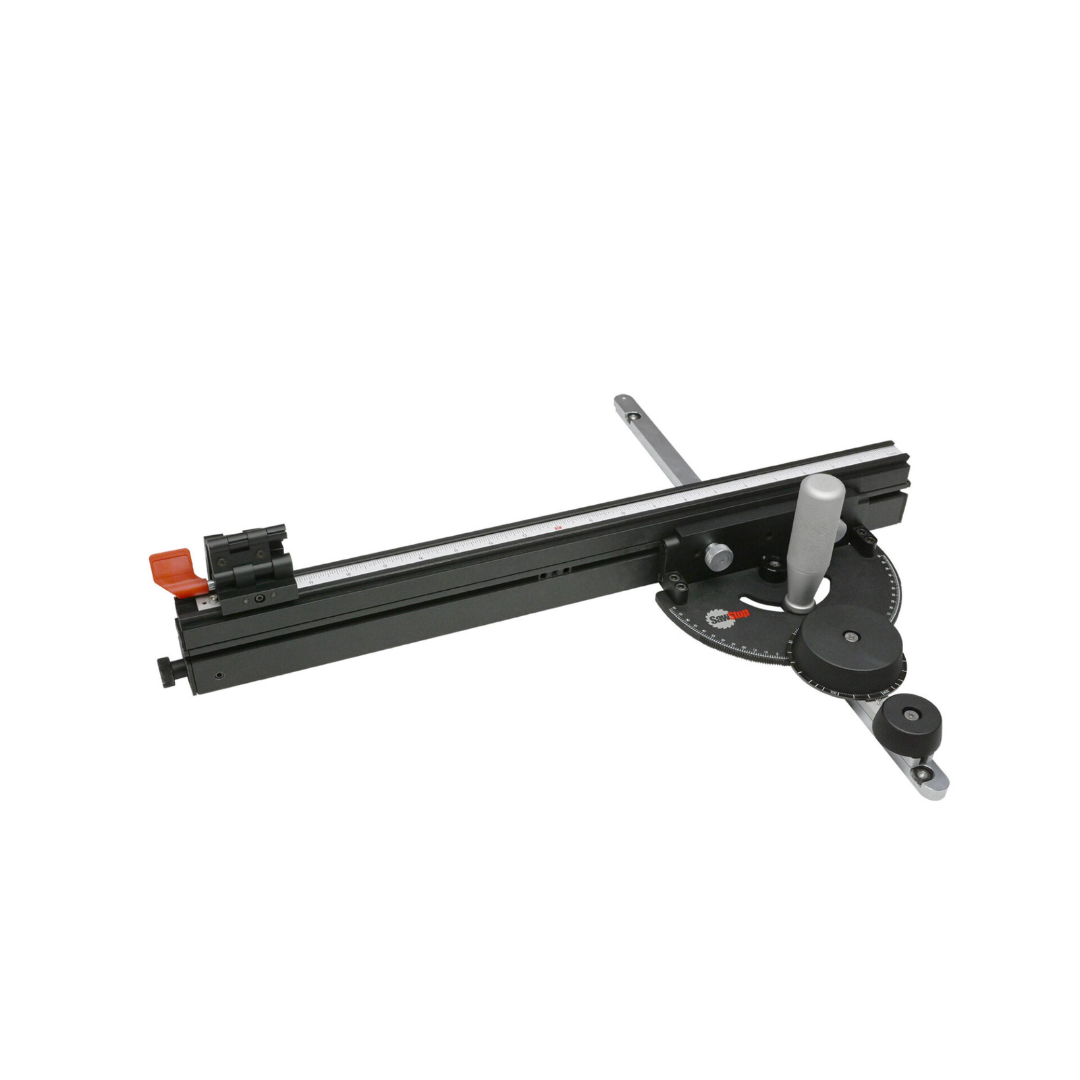 SawStop Revolution Miter Gauge TSA-RMG precision miter gauge featuring a telescoping aluminum fence, geared angle adjustment system, and heavy-duty construction for accurate crosscutting and miter cuts.