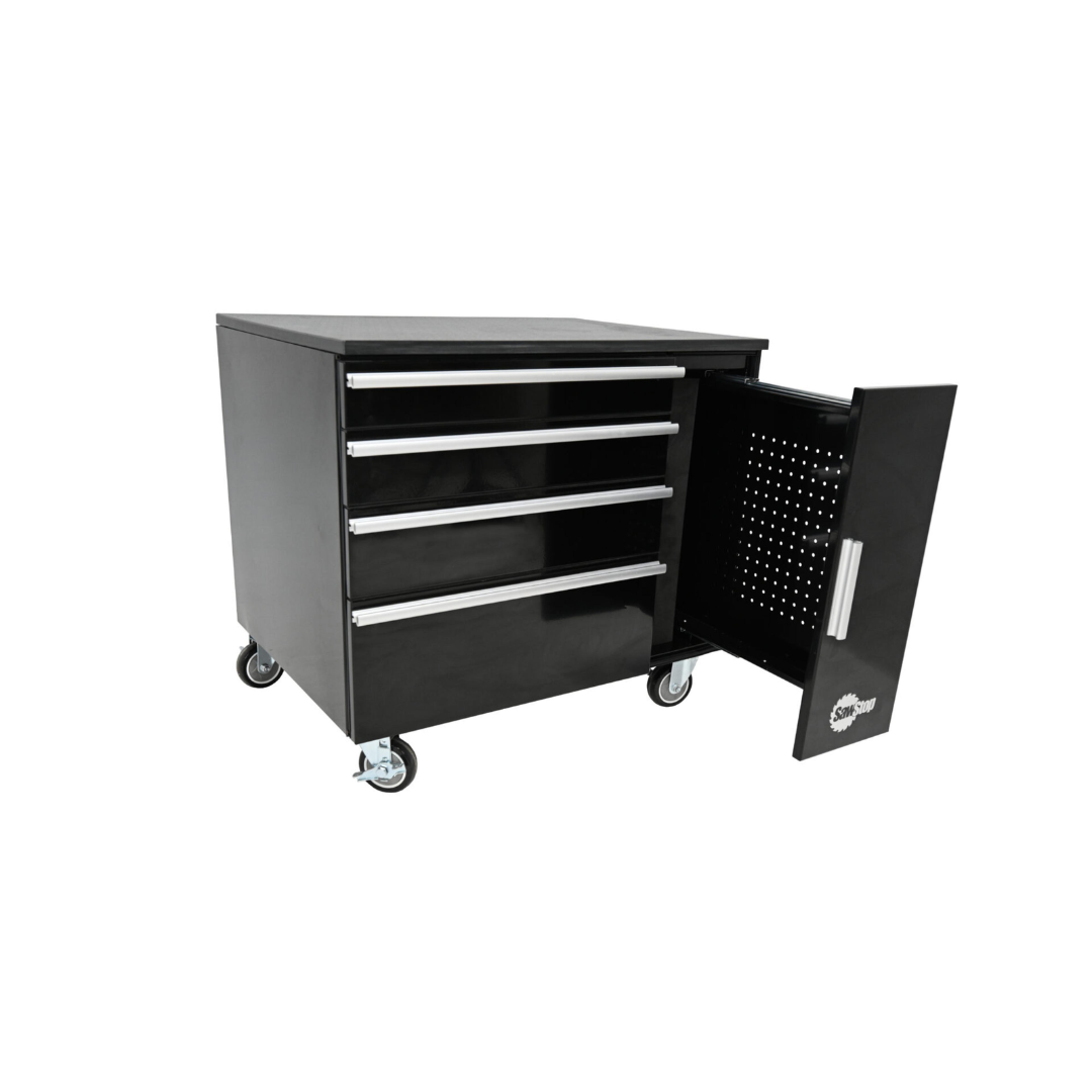 SawStop Under Table Cabinet 32″ TSA-UTC32 cabinet with door and drawer compartments open, providing secure storage for woodworking tools, blades, and shop essentials.