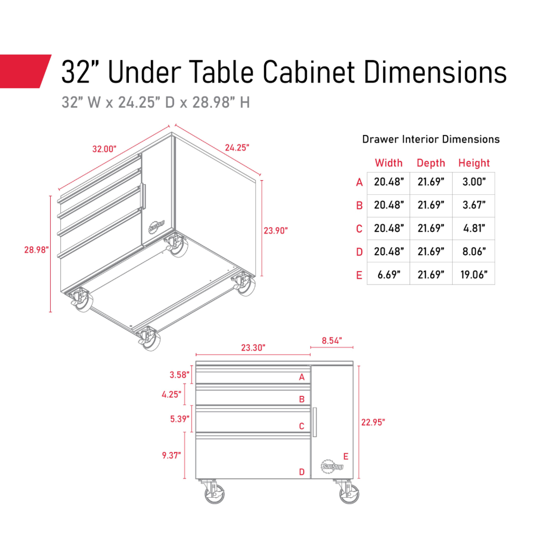 SawStop Under Table Cabinet 32″ TSA-UTC32 dimensional drawing showing cabinet measurements and under-table fitment specifications for compatible SawStop table saws.