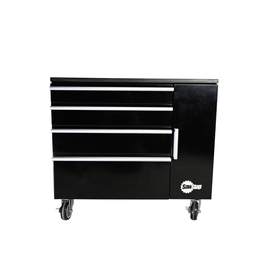 SawStop Under Table Cabinet 32″ TSA-UTC32 heavy-duty mobile storage cabinet featuring multiple drawers and integrated under-table saw organization for woodworking accessories and tools.
