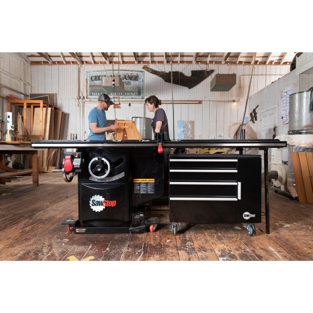 SawStop Under Table Cabinet 32″ TSA-UTC32 installed beneath a table saw, maximizing workshop storage efficiency while keeping tools and accessories within reach.