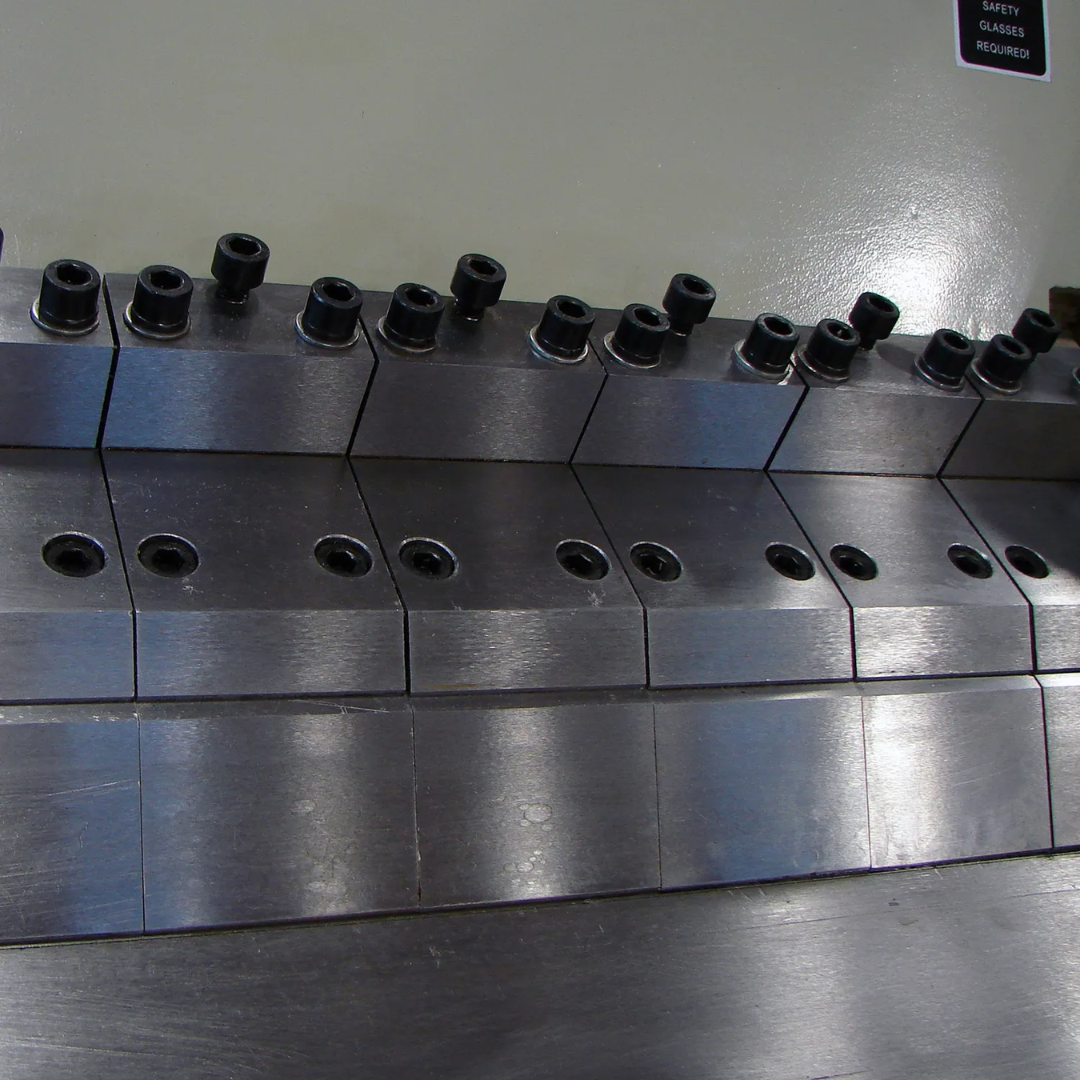 Segmented finger and clamping beam detail on the Baileigh 48-Inch Box & Pan Brake, 14-Gauge Mild Steel (BB-4814) 1000417 providing flexibility for complex sheet metal fabrication projects.