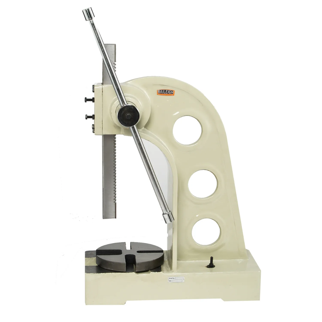 Side-angle detail of the Baileigh Manually Operated Arbor Press AP-5 1000264 highlighting the adjustable ram assembly and heavy-duty frame construction for accurate force application.