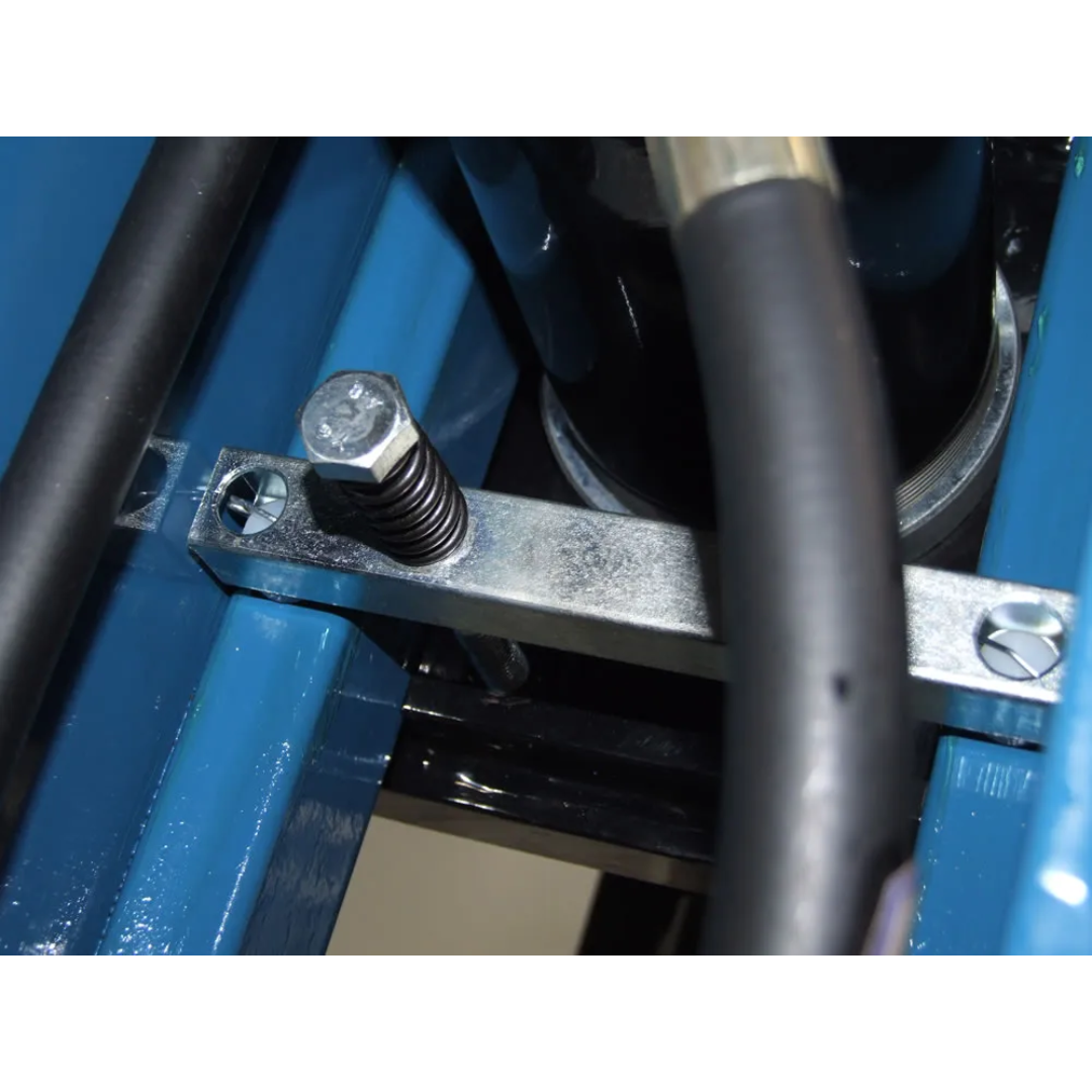 Side-angle image of Baileigh 30-Ton Pneumatic H-Frame Shop Press (HSP-30A) 1004816 adjustable work table support mechanism allowing flexible positioning for various workpiece sizes.