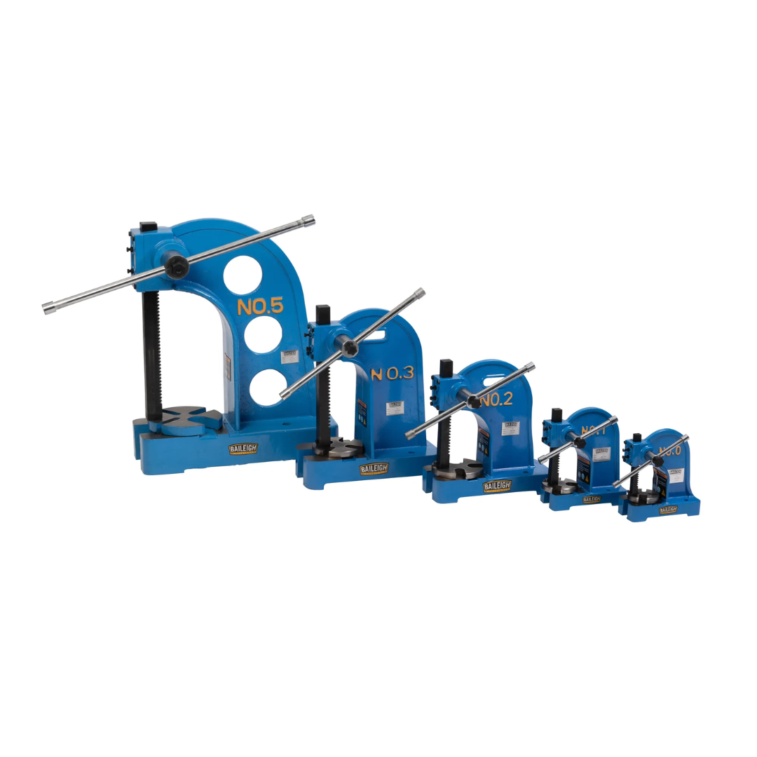 Side-angle view of multiple Baileigh AP-0 - 1/2-Ton Arbor Press 1232697 models highlighting the compact benchtop design and manual leverage system for precision pressing tasks.