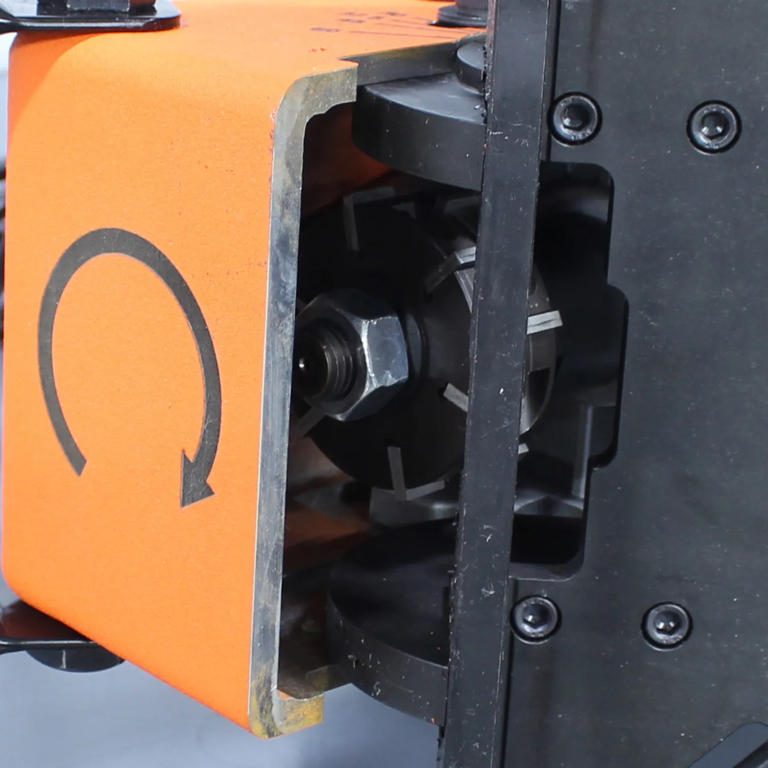 Side access view of the Baileigh Electric Plate and Pipe Beveler (CM-060PR) 1016602 highlighting internal drive components and machine housing construction.