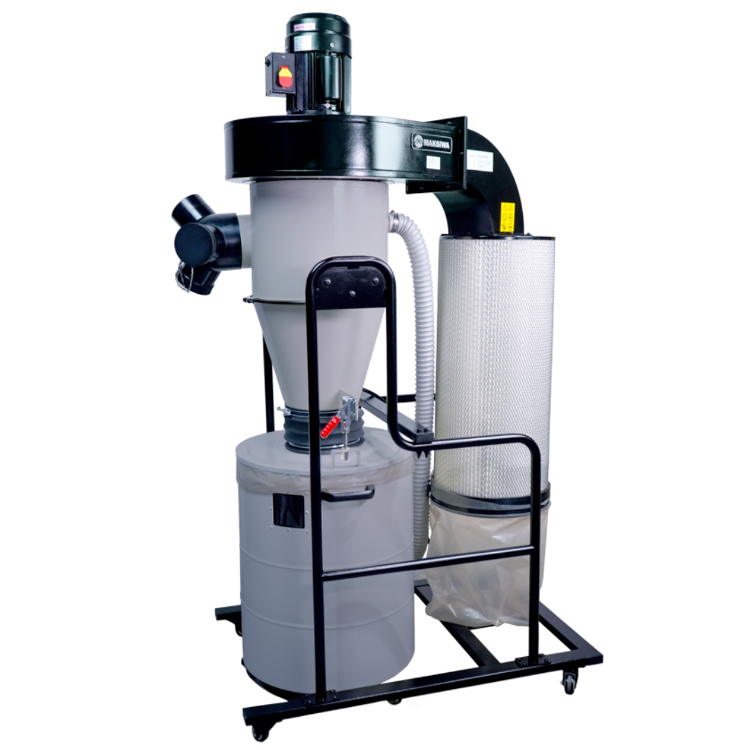 Side angle view of MaksiwaCY_3.C cyclone dust collector and support frame