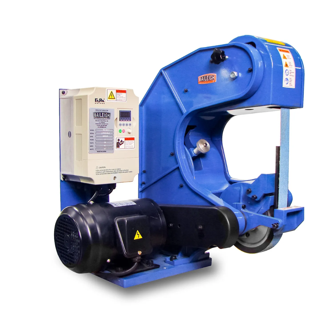 Side detail of the Baileigh Belt Grinder BG-260-3-110 1000670 highlighting the motor, belt grinding mechanism, and industrial-duty construction designed for continuous operation.