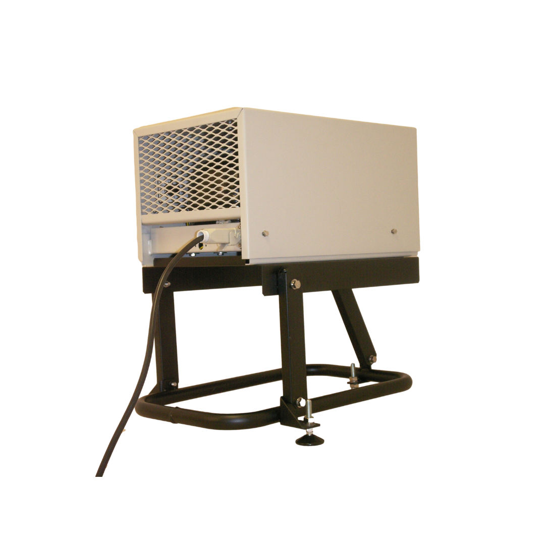 Side perspective of Ebac SPP6A Dehumidifier 11398GY-US showing compact industrial housing installed on metal support frame for fixed humidity control applications