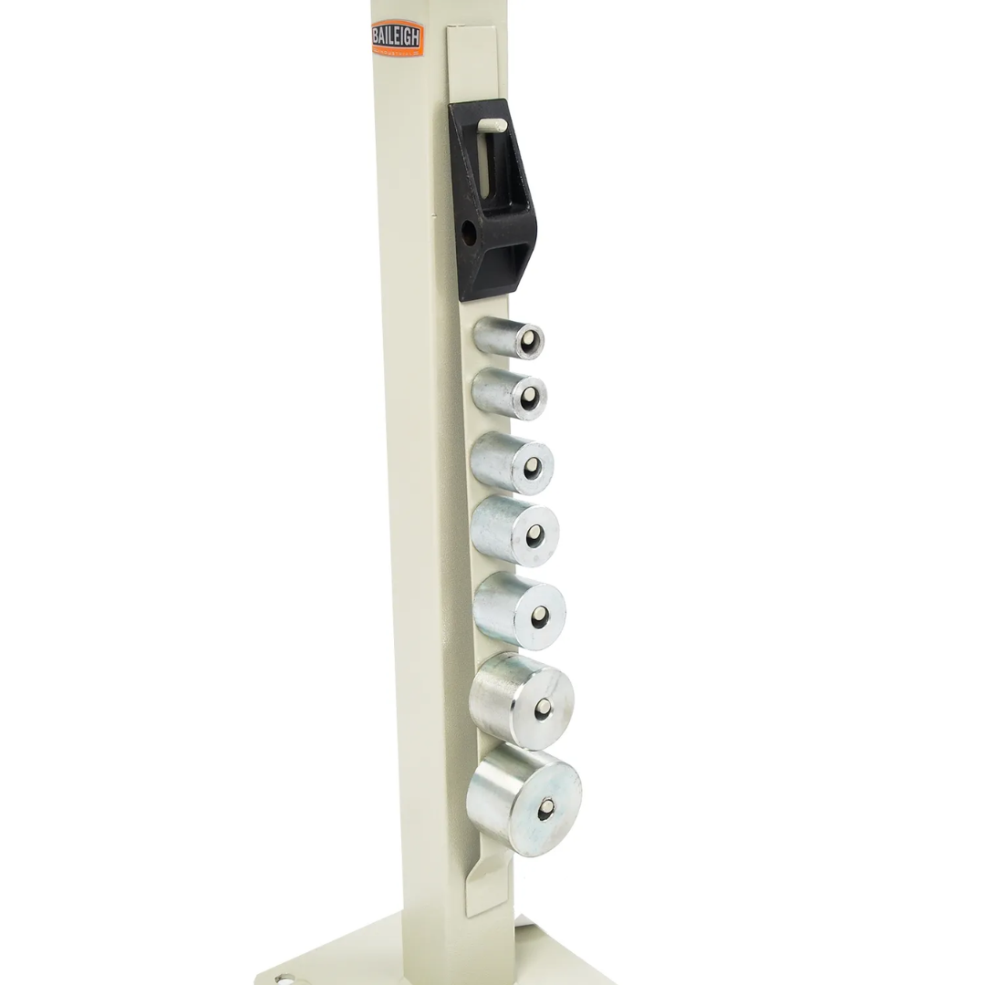 Side profile of Baileigh Compact Flat Bar Bender - (MCB-650) 1005424 featuring integrated die storage rack and organized tooling system for enhanced workshop efficiency.