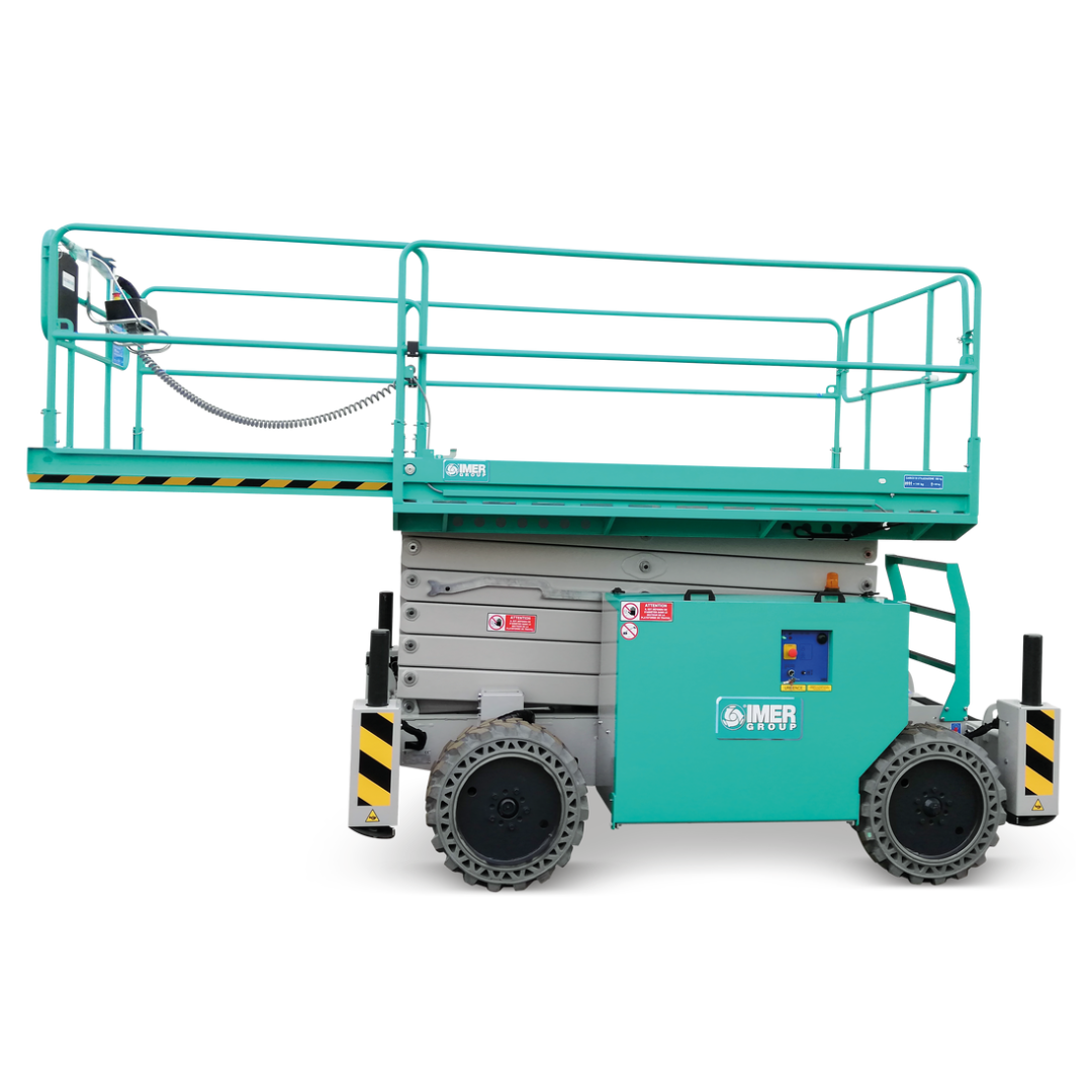 Side profile of IMER IM 7043 DE ROUGH TERRAIN SCISSORS LIFTS featuring extended work platform, rough terrain tires, and heavy-duty elevated scissor mechanism.