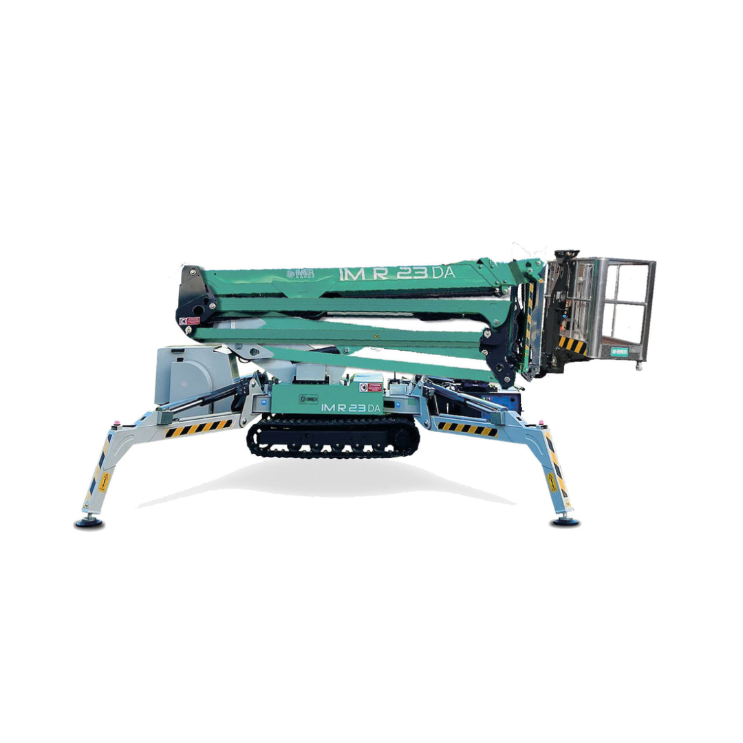 Side profile of IMER IM R23 Articulated & Telescopic Lift showing articulated boom structure, elevated work platform, and tracked stabilizer system.