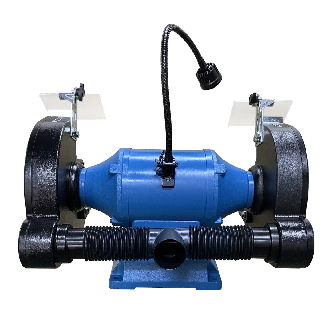 Side profile of the Baileigh 10" Industrial Bench Grinder - (IGB-10) 1227896 displaying the dual-wheel configuration and integrated work light for enhanced operator visibility.