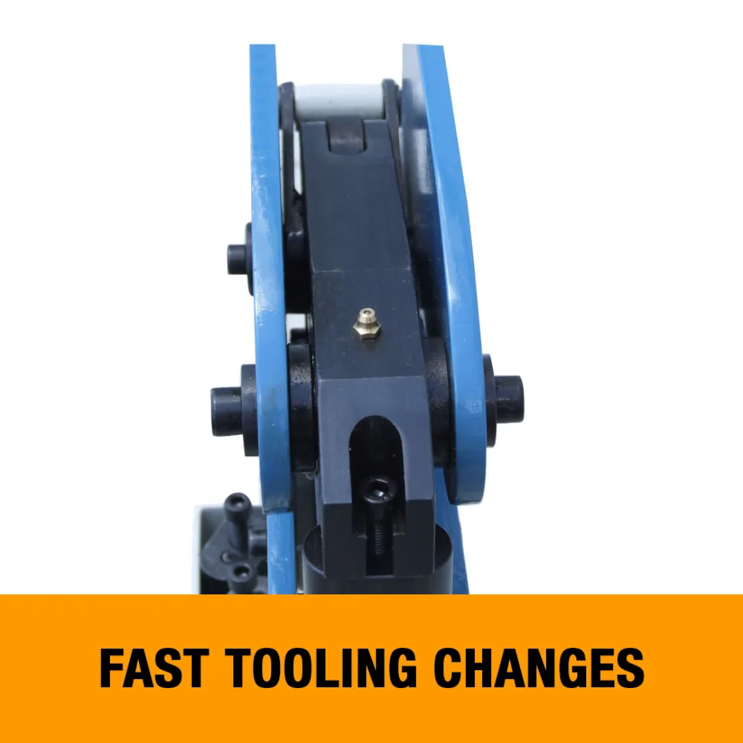Side profile of the Baileigh Metal Shrinker Stretcher (MSS-16F) 1005710 highlighting the quick-change tooling system for fast transitions between shrinking and stretching operations.