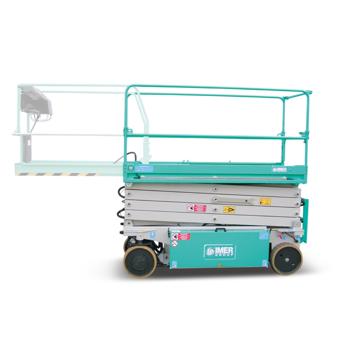 Side profile view of IMER IM 3540 ELECTRIC MICRO SCISSORS LIFTS showcasing compact chassis, electric drive system, and elevated working platform.