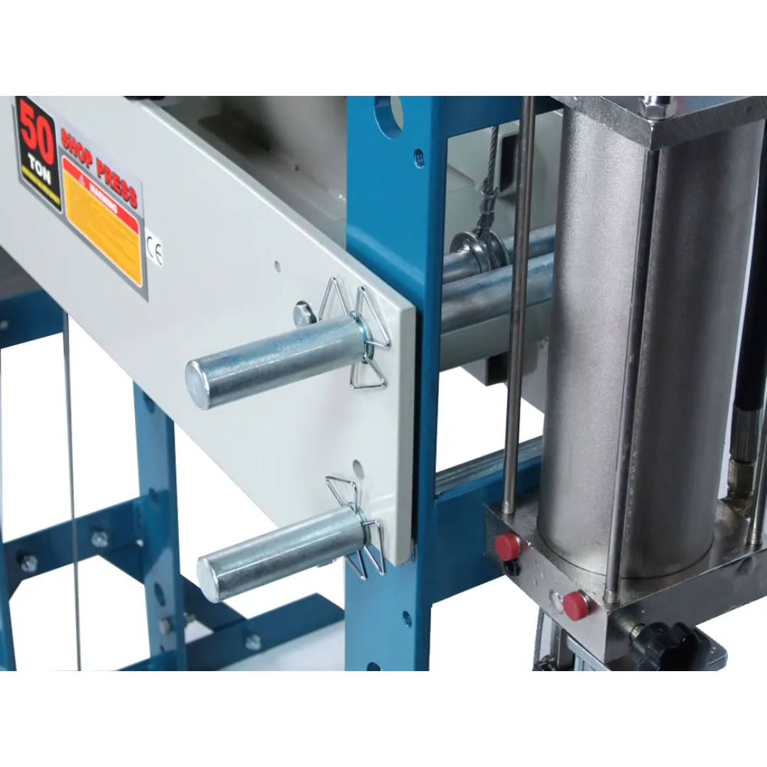 Side view of Baileigh Air/Hand Shop Press: 7.8" Stroke 1004828 highlighting adjustable work table system and rugged welded steel frame construction.