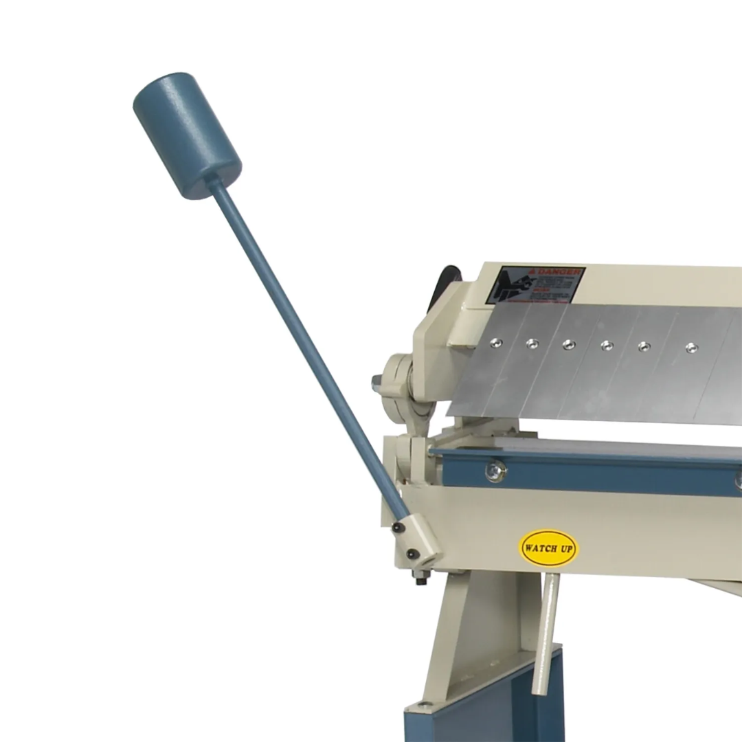 Side view of Baileigh Box & Pan Brake: 48" Bending Length, Bender (BB-4816) 1000460 manual bending handle and control assembly designed for smooth and controlled metal forming.