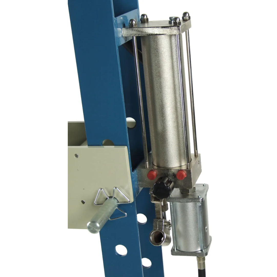 Side view of Baileigh Shop Press: H Frame, 7.5" Stroke 1004808 displaying hydraulic cylinder mounting and reinforced frame structure for industrial use.