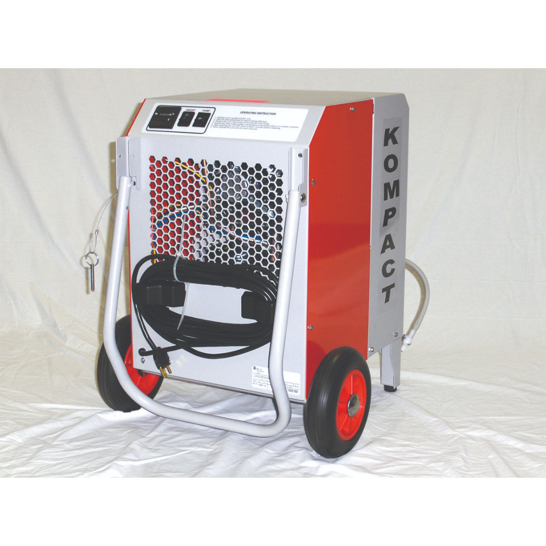 Side view of Ebac Kompact Dehumidifier 11240KP-US showing integrated handle, wheeled chassis, and compact industrial design for water damage restoration