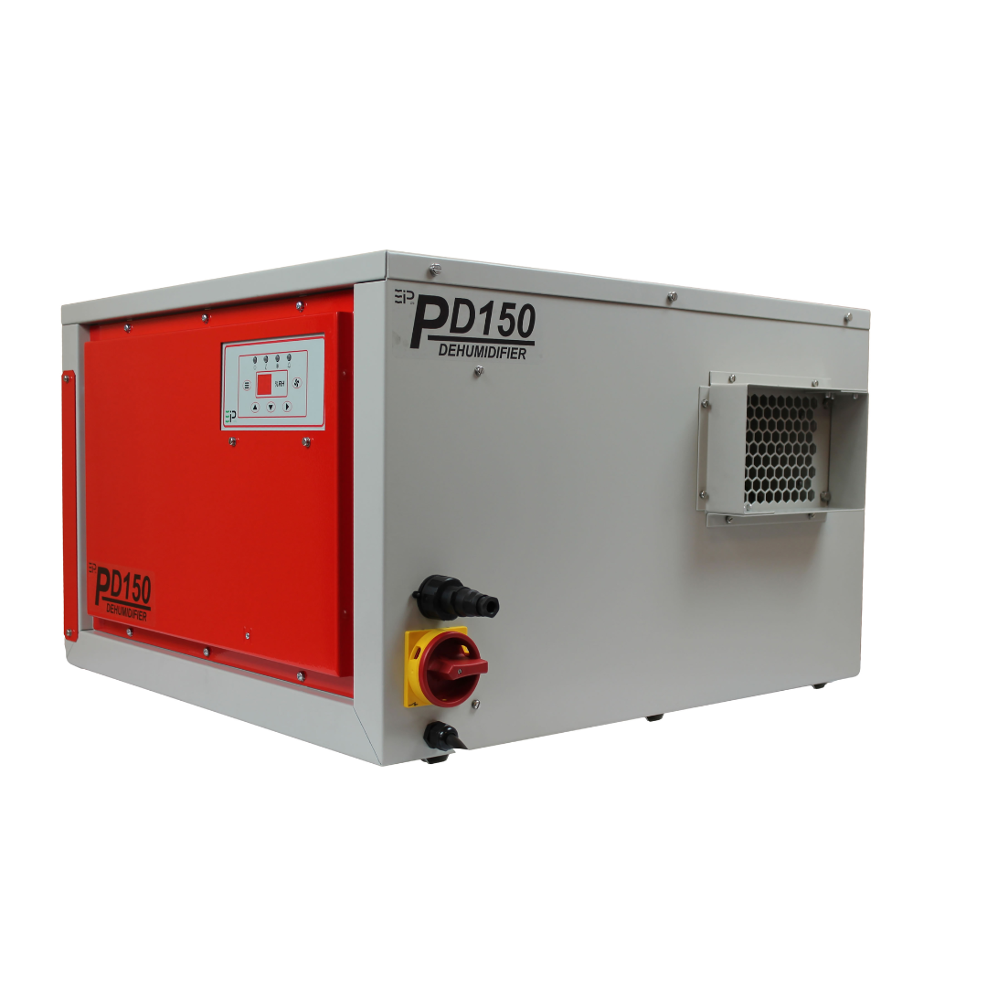 Side view of Ebac PD120-D Dehumidifier industrial ducted dehumidification unit with red access panel and compact wall-mounted design