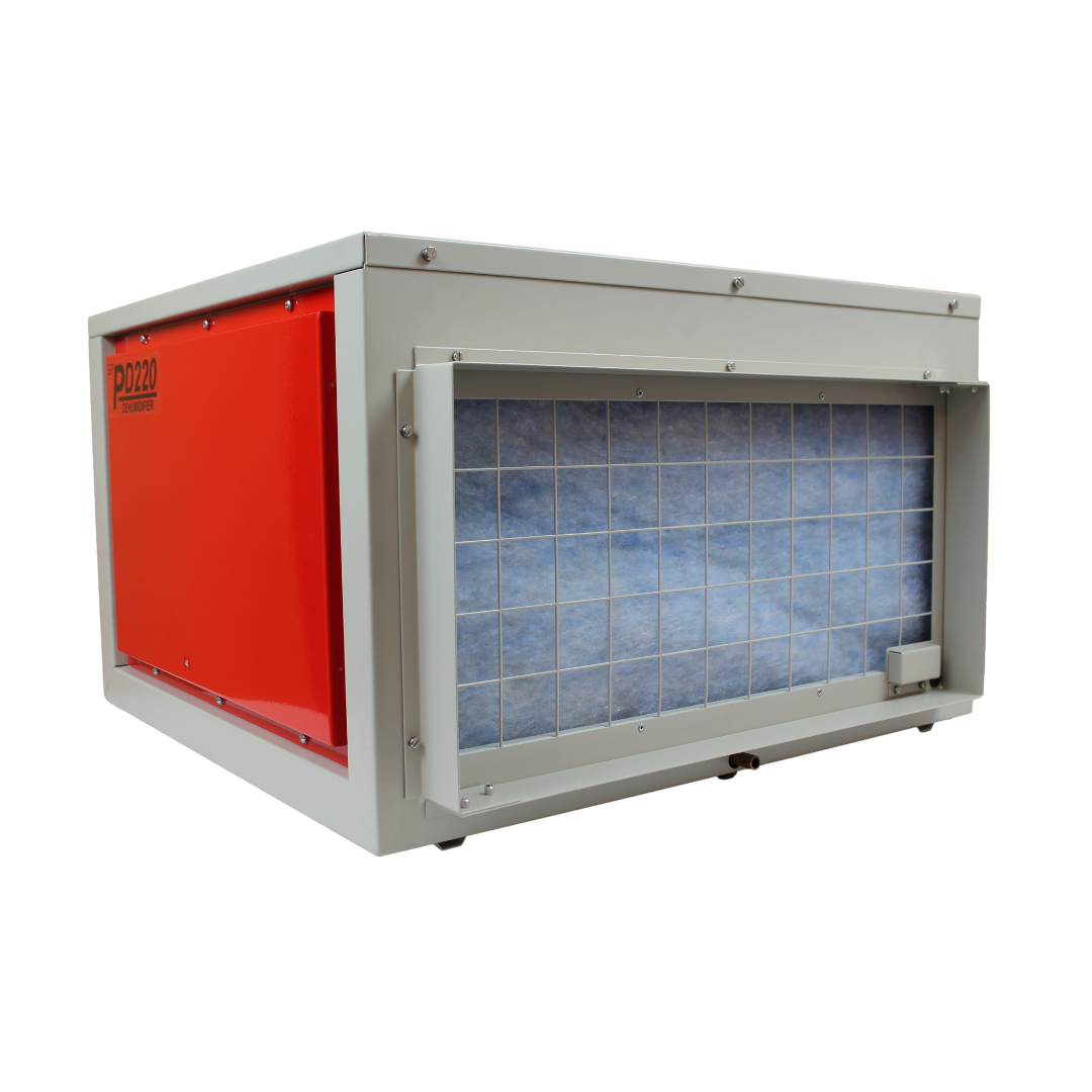 Side view of Ebac PD220-D Dehumidifier 10157GY-US showing ductable installation housing and large intake filtration system