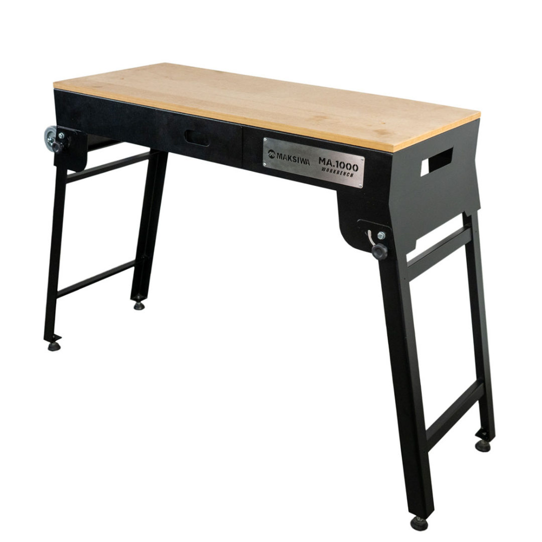 Side view of Maksiwa MA.1000 Workbench showing sturdy steel legs