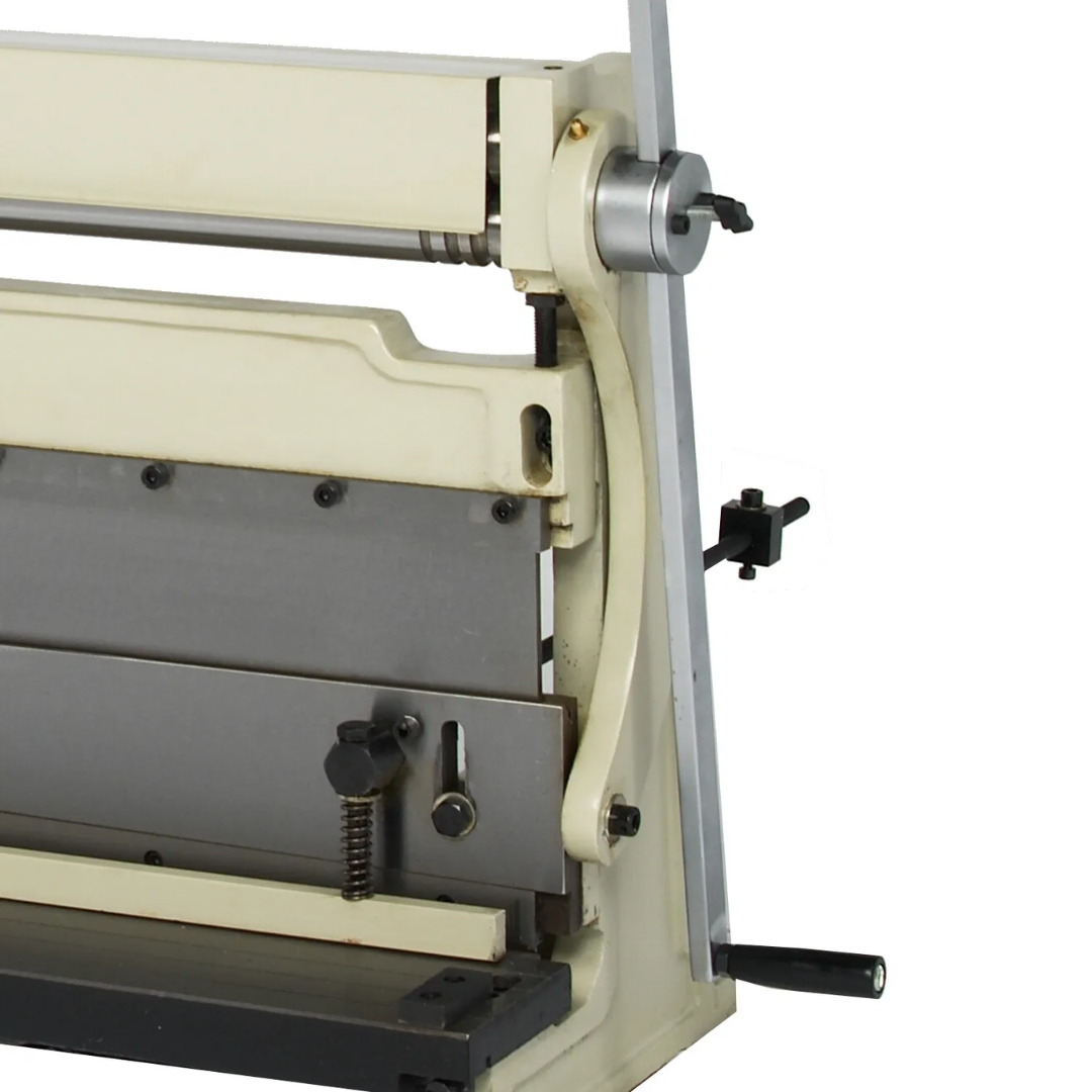 Side view of the Baileigh 3-in-1 Shear Brake Roll Machine SBR-4020 1006968 showing the integrated brake assembly and manual controls for versatile sheet metal fabrication.