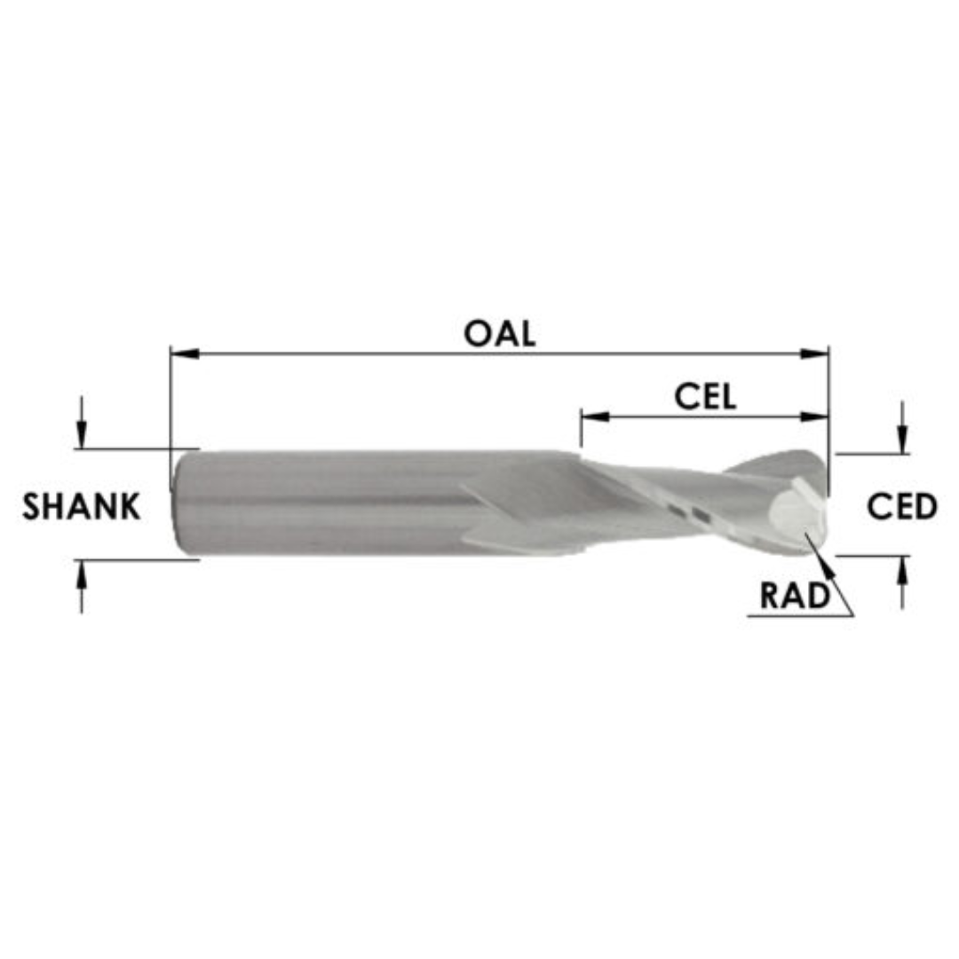 Southeast Tool COVE NOSE SPIRAL BIT precision spiral router bit diagram showing shank diameter, overall length (OAL), cutting edge length (CEL), cutting edge diameter (CED), and radius profile for industrial woodworking and CNC routing applications.