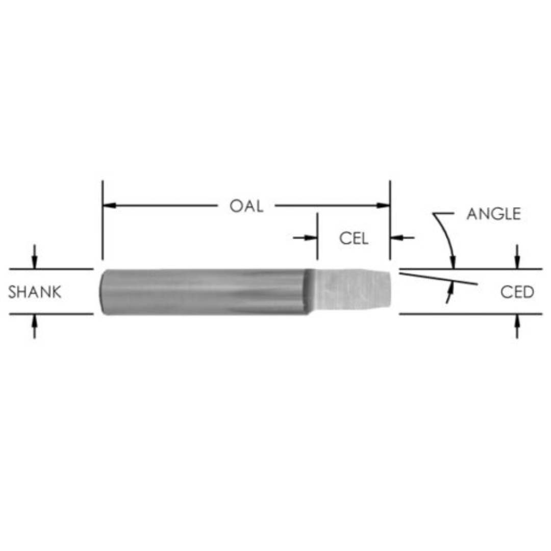 Southeast Tool FLUSH AND BEVEL TRIM BITS SCFB230 precision router bit profile diagram showing shank diameter, overall length (OAL), cutting edge length (CEL), cutting edge diameter (CED), and bevel angle for industrial flush trimming and bevel edge routing applications.