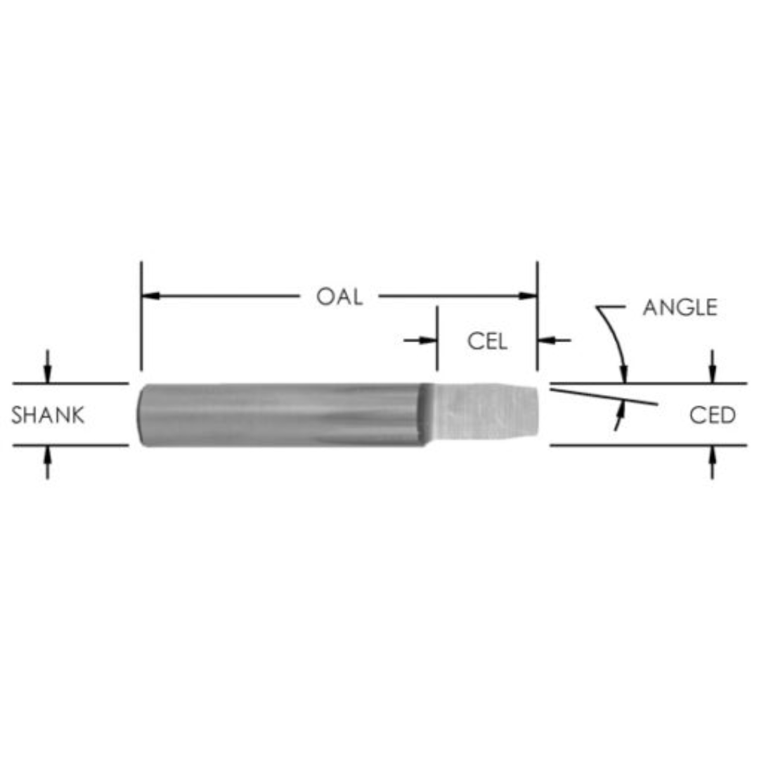 Southeast Tool Flush and Bevel Trim Bits (Double Ended) SCB220DB router bit profile showing double-ended cutting design with shank diameter, overall length (OAL), cutting edge length (CEL), cutting edge diameter (CED), and bevel angle for precision trimming applications.