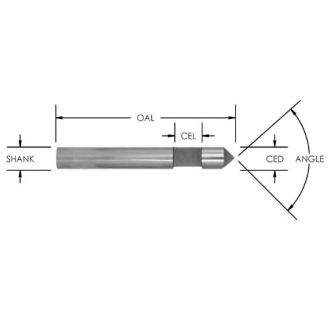 Southeast Tool HOLE AND FLUSH TRIM BITS precision router bit profile diagram showing shank diameter, overall length (OAL), cutting edge length (CEL), cutting edge diameter (CED), and cutting angle for industrial hole cutting and flush trimming applications.