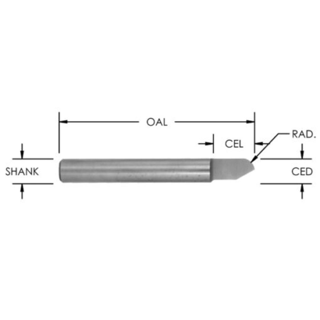 Southeast Tool ROUND BOTTOM VEINING BITS (1 FLUTE) precision router bit profile diagram showing shank diameter, overall length (OAL), cutting edge length (CEL), cutting edge diameter (CED), and radius profile for decorative veining and CNC routing applications.