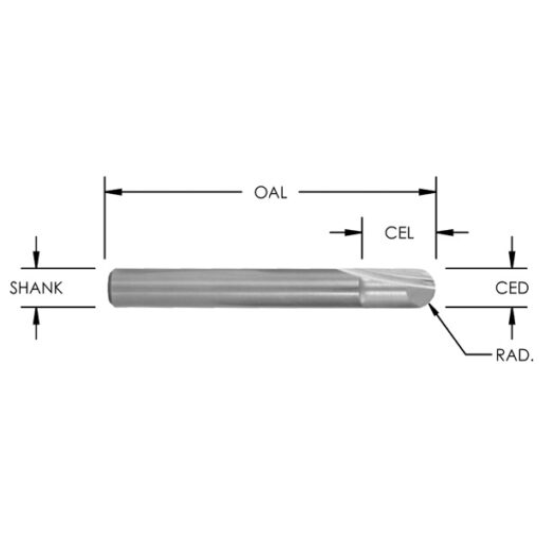 Southeast Tool ROUND BOTTOM VEINING BITS (2 FLUTE) precision router bit profile diagram showing shank diameter, overall length (OAL), cutting edge length (CEL), cutting edge diameter (CED), and radius profile for decorative veining and CNC routing applications.