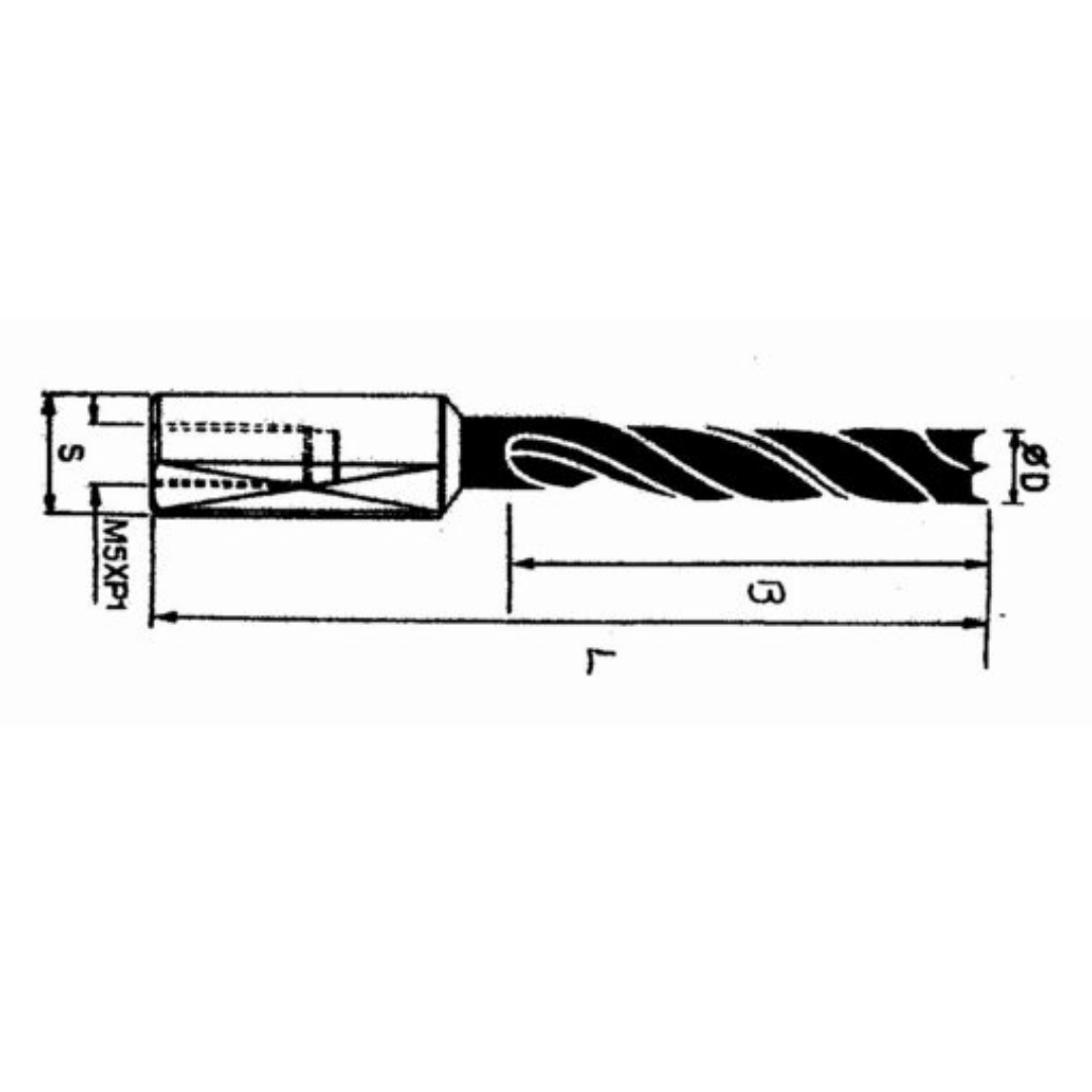 Southeast Tool SOLID CARBIDE BORING BITS WITH STEEL SHANK – BRAD POINT (RIGHT-HAND) precision boring bit diagram showing shank diameter, flute length, overall length, and drill diameter for industrial woodworking and CNC drilling applications.
