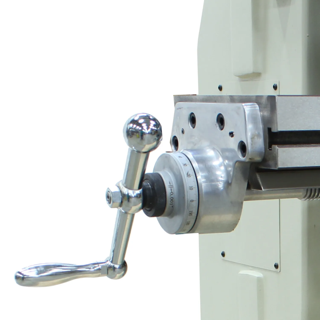 Spindle quill feed handle on the Baileigh Vertical Knee Mill - VM-942E-1 1020695 for controlled drilling and milling operations.