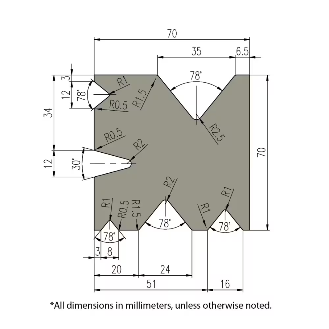 Technical bending diagram for Baileigh 70-Ton Hydraulic Press Brake BP-7098CNC 1000836 illustrating press brake tooling geometry and metal forming capabilities.